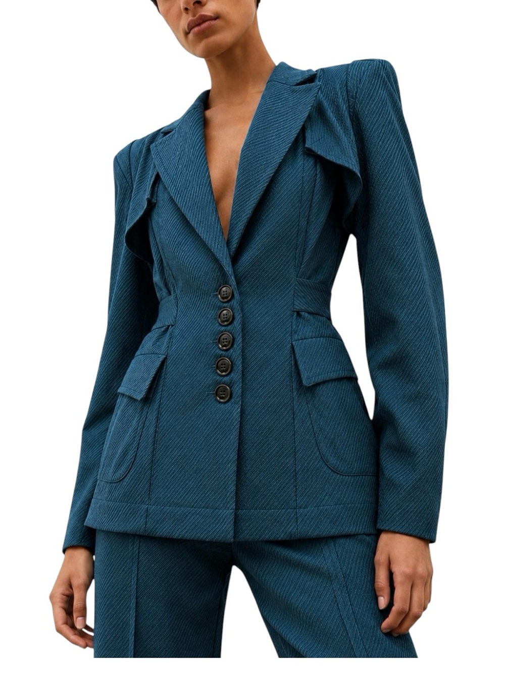 NANETTE LEOPORE Teal Utility Blazer Structured Waist | Ruffle Drama | Size 8 NWT